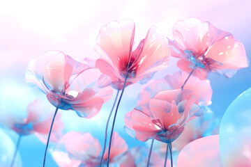 Futuristic floral composition with beautiful glass flowers on a blue sky background