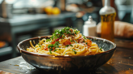 Presented on a dark textured plate, spaghetti pasta carbonara is artfully arranged with a precise twirl, crispy bacon bits, and a sprinkle of cheese, showcasing an exquisite culinary creation.