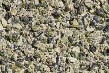Wall is decorated with granite green chips.