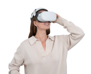 Young smiling woman portrait, working in vr glasses headset, isolated over white background, digital world and connection. Concept of metaverse and immersive