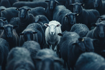 White sheep standing out among group of black sheep. Stand out from the crowd and be different concept