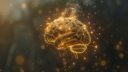 Digital illustration of a human brain glowing with radiant sparks, symbolizing creativity, ideas, and cognitive processes.