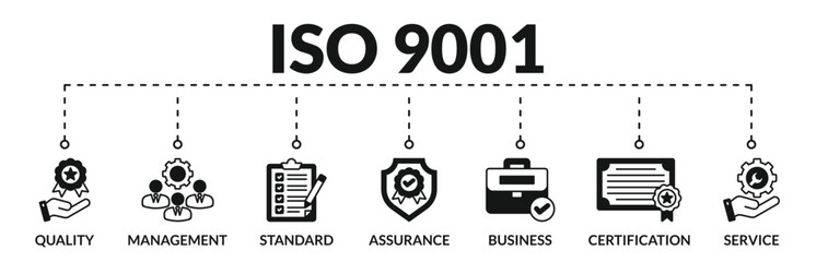 Banner of iso 9001 web vector illustration concept with icons of quality, management, standard, assurance, business, certification, service