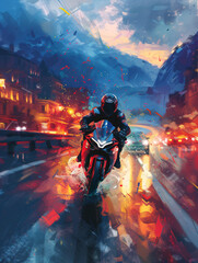 Fototapeta premium Illustration d'un pilote sur une belle moto sur une route