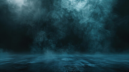 Abstract image of dark room concrete floor. Black room or stage background for product placement. Panoramic view of the abstract fog. White cloudiness, mist or smog moves on black background.