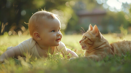 cute baby with a cat in the summer park.