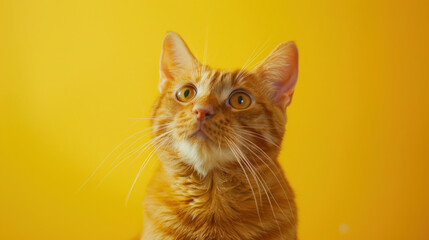 cute orange Munchkin cat looking around with yellow background, concept of pets, domestic animals. Close-up portrait of cat sitting down looking around.
