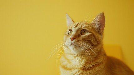 cute orange Munchkin cat looking around with yellow background, concept of pets, domestic animals. Close-up portrait of cat sitting down looking around.