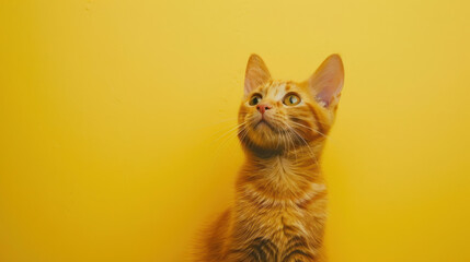 cute orange Munchkin cat looking around with yellow background, concept of pets, domestic animals. Close-up portrait of cat sitting down looking around.