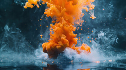 Orang paint drop mixing in water towards to camera. Ink swirling underwater. Cloud of ink isolated on black background. Abstract smoke explosion effect with particles.