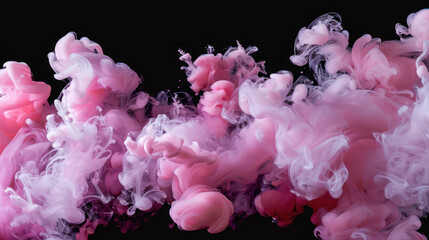 Pink paint drop mixing in water towards to camera. Ink swirling underwater. Cloud of ink isolated on black background. Abstract smoke explosion effect with particles.