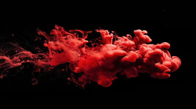 Red paint drop mixing in water towards to camera. Ink swirling underwater. Cloud of ink isolated on black background. Abstract smoke explosion effect with particles.