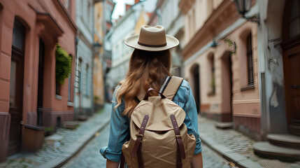 Naklejka premium Tourist Woman with Hat and Backpack, generative ai