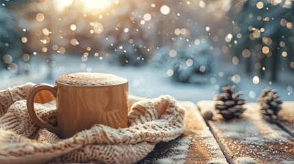 A steaming mug of hot cocoa wrapped in a knitted scarf, placed on a frosty wooden table with pine cones, under a snowy bokeh effect.  Steamy Winter Cocoa in Festive Outdoor Setting

