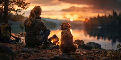 Young woman and her dog are sitting on the shore of a lake near a campfire in camp at sunset