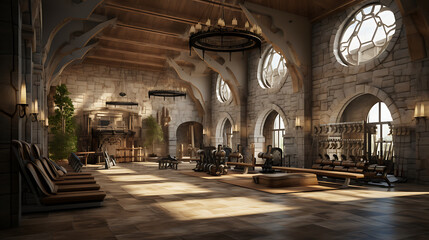 Fototapeta na wymiar A gym interior for a medieval castle great hall fitness center, with castle-inspired workouts and castle architecture.