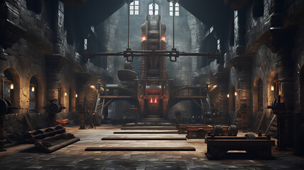 A gym interior for a medieval castle dungeon fitness center, with dungeon-inspired workouts and...