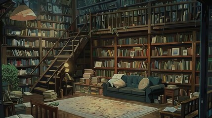 An intimate and cozy library corner with towering bookshelves, a rolling ladder, and a comfortable reading couch.
