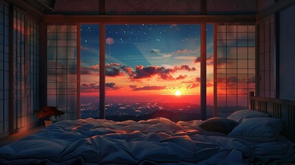 Sunset and Stars from a Traditional Japanese Bedroom An idyllic Japanese bedroom with a breathtaking sunset and starry sky view, combining traditional design and natural beauty.
 - obrazy, fototapety, plakaty