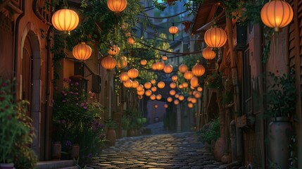 A captivating cobblestone alley brought to life with the warm glow of hanging lanterns and vibrant green plants. Charming Alley Adorned with Hanging Lanterns

