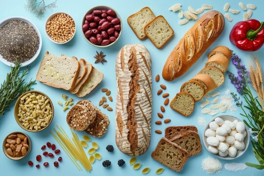 A pastel blue background hosts an arrangement of artisan bread alongside fresh pasta, olives, almonds, and assorted herbs.