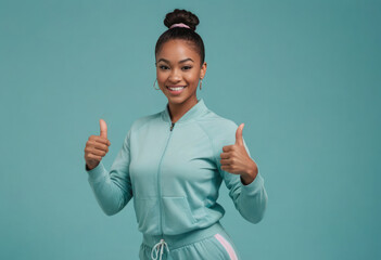 A sporty woman in an athletic outfit giving a thumbs up, signaling approval and positivity. Her hair is styled in an updo, adding to the active vibe. - obrazy, fototapety, plakaty
