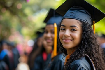 Estudiante negra o de color universitaria sonriente en graduación - obrazy, fototapety, plakaty