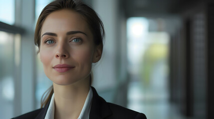 Fototapeta premium Portrait of a confident businesswoman with blank space for text. Background for the Women's Day campaign in a professional color tone. A white woman wearing a black suit on a blurred background.