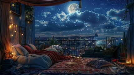 Moonlit Metropolitan Balcony Sleeping Nook Animated image depicting a cozy sleeping nook on an urban balcony, draped in lights and fabrics, with a majestic view of the moonlit city skyline.

 - obrazy, fototapety, plakaty