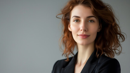 Portrait of a confident businesswoman with blank space for text. Background for the Women's Day campaign in a professional color tone. A white woman wearing a black suit on a blurred background.