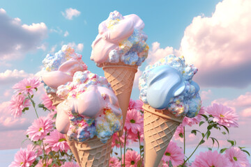 Futuristic composition with flying ice cream. A waffle cone with colorful icy sweet balls