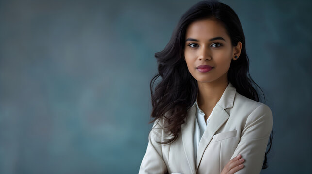 Portrait of a confident businesswoman with blank space for text. Background for the Women's Day campaign in a professional color tone. A Indian woman wearing a black suit on a gray background.