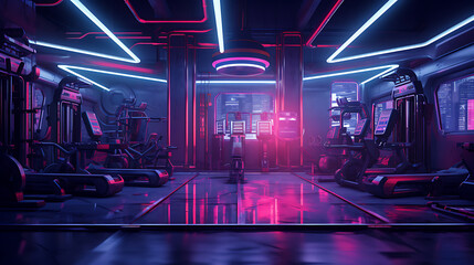 A gym interior for a retro cyberpunk city fitness center, with neon lights and futuristic workout...