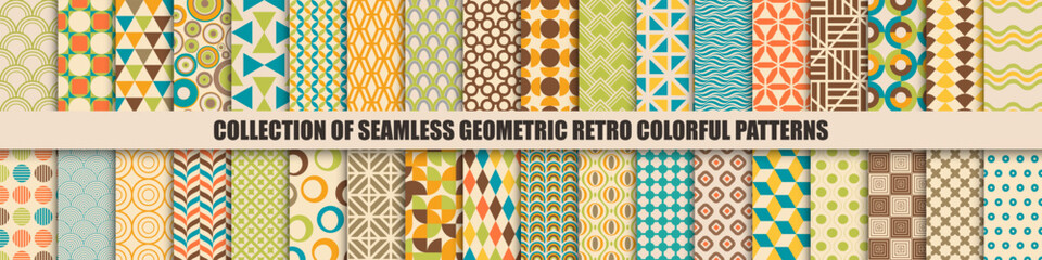 Collection of retro color vector seamless patterns, vintage design. Trendy funky backgrounds, fashion modern style. Simple unusual creative bright prints