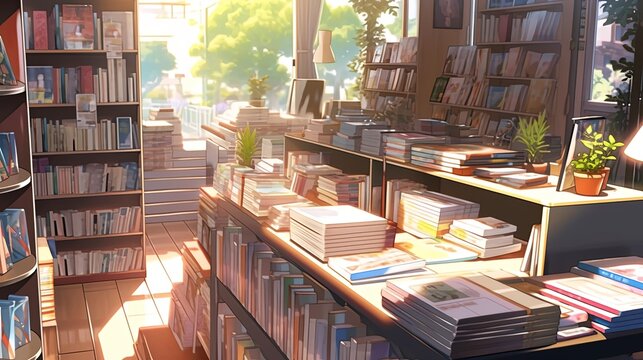 Animated image of a cozy, sun-drenched bookstore filled with shelves of books inviting a peaceful reading experience. Sunlit Bookstore Shelves with Cozy Ambiance

