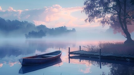 A serene early morning at a tranquil lake, with a wooden boat moored to a mist-covered dock and the pastel sky reflecting in the still water.  Tranquil Lake Dawn with Misty Boat Dock

