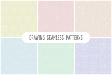 Collection of vector seamless colorful patterns - hand drawn design. Artistic children drawing color backgrounds. Textile endless prints
