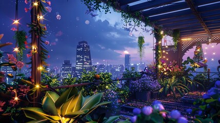 A magical rooftop garden adorned with twinkling fairy lights and vibrant flowers, offering a breathtaking view of the city's nocturnal glow. Enchanted Rooftop Garden Overlooking City Nightlights

