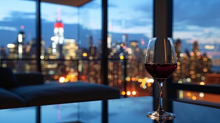A rich red wine glass set against the vibrant backdrop of a city's twilight panorama, reflecting the urban lights from a high-rise perspective. Metropolitan Twilight Wine Indulgence

