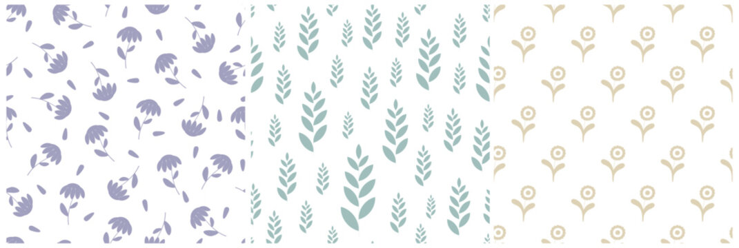 Collection of seamless color elegant floral patterns - hand drawn delicate design. Repeatable spring nature retro backgrounds with branches and flowers. Textile endless prints. Vector illustration