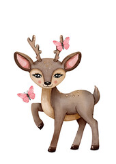 Watercolor Baby Deer, woodland Animals, cute deer with butterfly, spring deer, transparent background