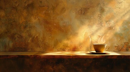 A simple cup of coffee exudes steam against a textured abstract art background, casting a warm...