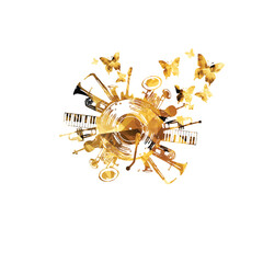 Music background with golden music instruments and vinyl record disc - 744650550