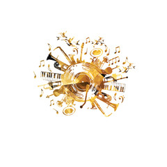 Music background with golden music instruments and vinyl record disc - 744650569