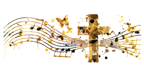 Creative music style template vector illustration, golden cross with music staff and notes background.  - 744650577