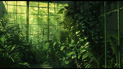 A serene greenhouse interior bathed in sunlight, showcasing an abundance of lush, green tropical plants and foliage against large windows.  Sunlit Greenhouse Oasis with Lush Foliage

