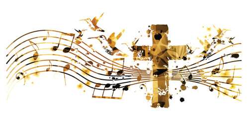 Creative music style template vector illustration, golden cross with music staff and notes background.  - 744650594