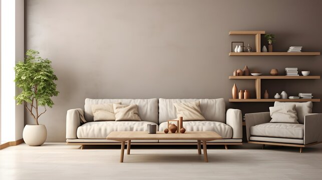 Living room interior with sofa and coffee table. 3d render illustration