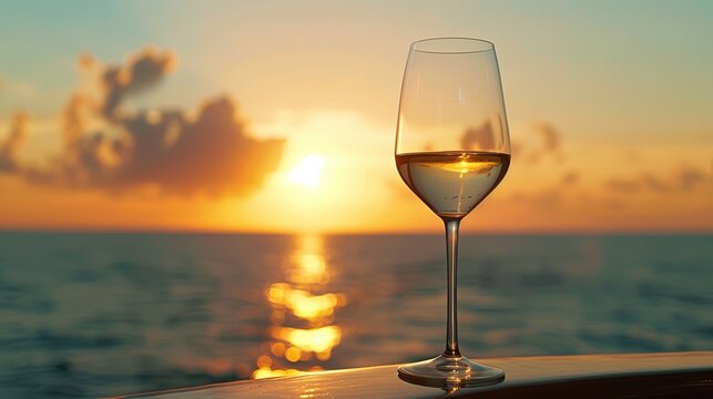 Elegant white wine glass capturing the golden light of a setting sun over the ocean, offering a tranquil end to the day on a boat. Golden Sunset Wine Experience at Sea

