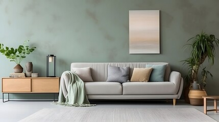 Fototapeta na wymiar Minimalist living room interior with sofa, coffee table, plant and mock up poster on wall